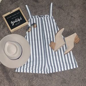 Blue and white vertical striped short romper